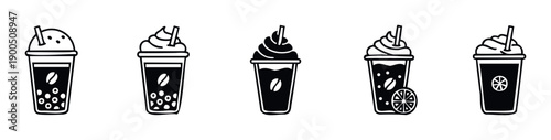 Refreshing iced coffee and bubble tea beverage symbols in disposable cups with whipped cream and straws, ideal for drink menus and food service branding.