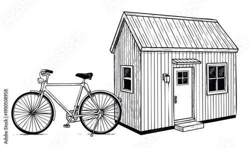 Hand drawn black and white line work of a quaint wooden house with a classic bicycle parked outside, ideal for simple living or outdoor themed graphic projects and decor.