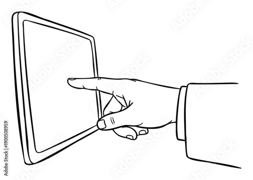 A human hand with an extended index finger is depicted actively touching a generic digital tablet screen, ideal for showcasing interactive technology concepts and user interface designs.