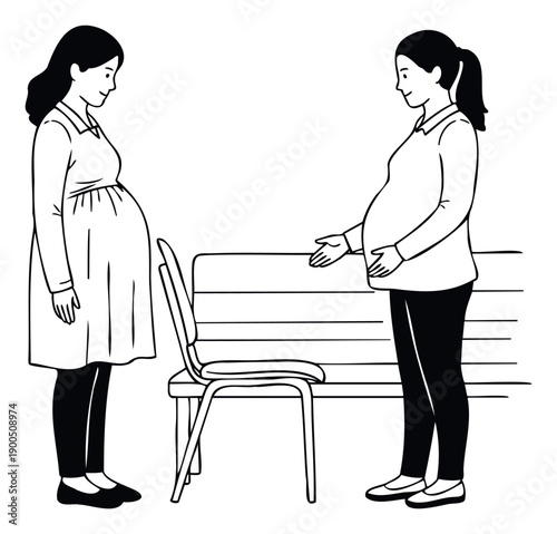 Two pregnant Asian women engaging in conversation, one offering a seat, depicting care and support during pregnancy journey for prenatal and maternity healthcare materials.