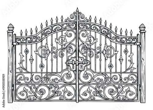 Elegant ornate wrought iron gate with intricate floral scrollwork and pointed finials for classic architectural designs and decorative elements