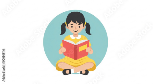 Smiling girl sitting cross legged reading a red book with a yellow bookmark in a yellow dress against a teal circle background