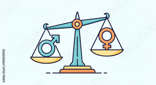Balance scale with male and female symbols in equilibrium representing gender equality fairness and justice in a simple flat design