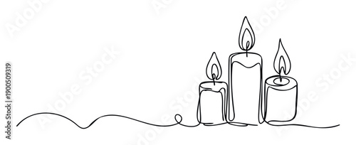 Minimalist continuous line drawing of three burning candles creating a serene and contemplative visual for home decor, spiritual themes, or peaceful graphic projects