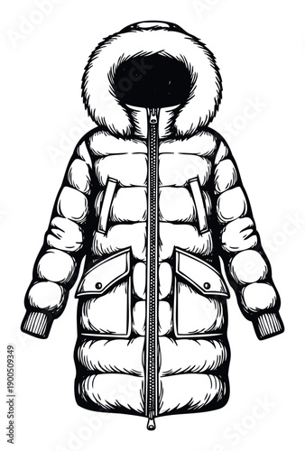 Long warm puffer jacket drawing with furry hood and functional zipper perfect for cold weather apparel promotion or winter clothing catalogs