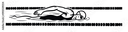 A stylized graphic depiction of a swimmer performing a front crawl stroke in a pool lane, ideal for sports event promotions, athletic club branding, and wellness activity publications.