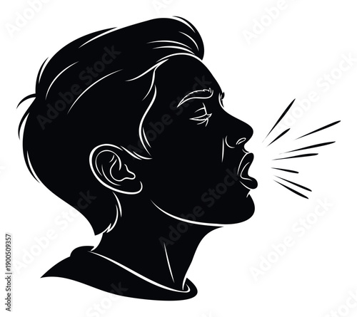 A bold graphic profile of a persons head with an open mouth and radiating lines conveying a loud shout, strong communication, or powerful exhale, perfect for dynamic visual messaging.