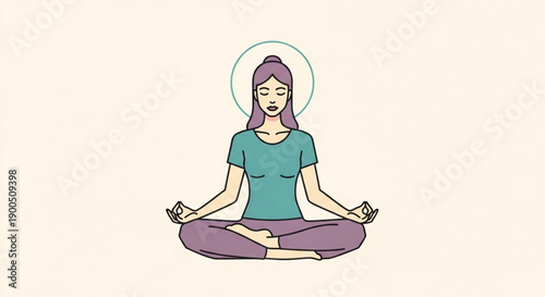 Woman meditating in lotus position with purple hair and green shirt on beige background yoga and mindfulness concept