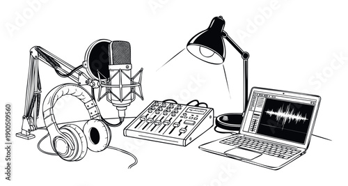 Studio setup for audio creation, featuring a microphone, headphones, an audio mixer, a desk lamp, and a laptop displaying a sound wave, perfect for recording podcasts and producing music