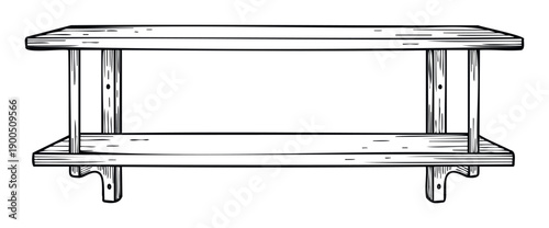 Hand drawn rustic wooden shelf frame structure for displaying products, books, or decorative items, perfect for interior home decor, retail store merchandising, or garden organization