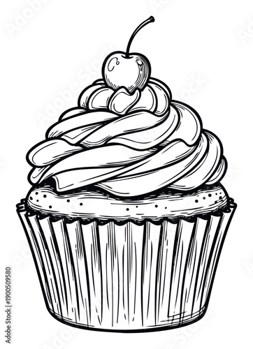 Delightful baked cupcake featuring swirled creamy frosting topped with a single ripe cherry, perfect for confectionery branding, bakery menus, recipe books, or sweet treat promotions.