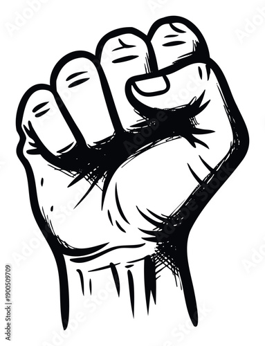 Hand drawn black and white graphic of a raised clenched fist symbolizing power, strength, and unity, suitable for protest signs, social justice movements, and activist campaigns.