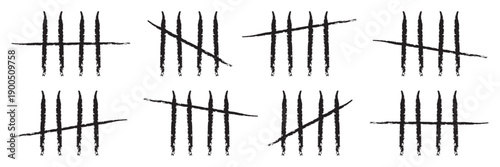 Set of hand-drawn tally marks in a rough, grunge style. Icons of counting to five, often used to symbolize scorekeeping, counting days, survival, or endurance