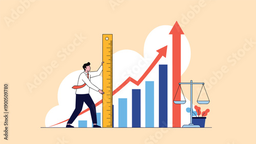 Man measuring a bar chart with a large ruler next to a weighing scale, symbolizing business performance analysis, measurement, and financial evaluation.