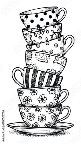 Stack of decorative teacups and a saucer featuring unique handdrawn patterns perfect for kitchen decor merchandise or beveragethemed graphic design projects