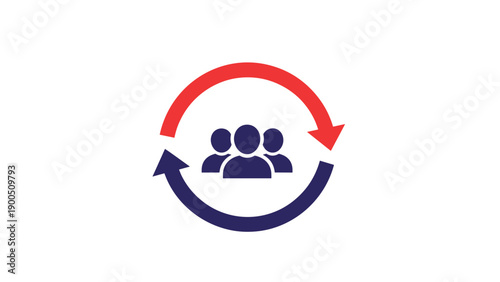 Icon of three people within a circular arrow, symbolizing team collaboration, continuous feedback, user workflow, or iterative process.
