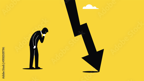 Silhouette of a man looking distressed at a large downward arrow, symbolizing financial loss, market downturn, business failure, or economic crisis.