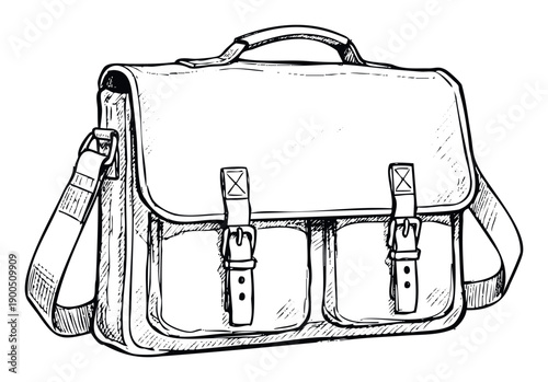 Hand drawn sketch of a classic satchel bag with front pockets and buckles, ideal for school supplies, travel themes, or any vintage inspired graphic resource