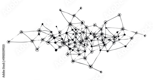 Hand drawn connected lines and dots forming an intricate web representing a complex network of data or communication suitable for technology presentations and scientific diagrams