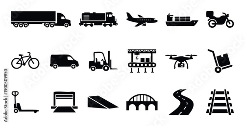 Collection of black and white icons representing various modes of transportation and logistics equipment, perfect for illustrating global shipping, delivery services, and supply chain