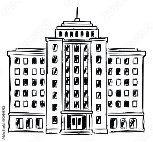 Stylized ink drawing of a classic public building showcasing a central highrise section and balanced side wings, perfect for illustrating governmental themes or urban history projects.
