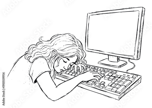 A weary young woman with wavy hair is asleep on her desktop computer keyboard, portraying concepts of overwork, stress, or needing rest for health awareness campaigns.