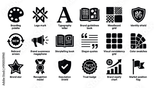 Comprehensive collection of branding and marketing icons illustrating essential business elements for corporate identity development and communication strategies