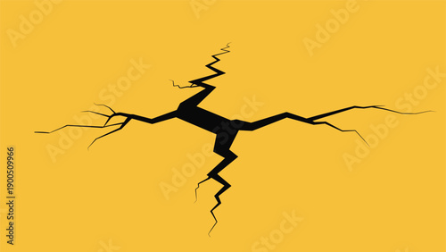 A large, jagged crack spreading across a vibrant yellow surface, symbolizing damage, weakness, instability, risk, and potential breakdown in systems or structures.
