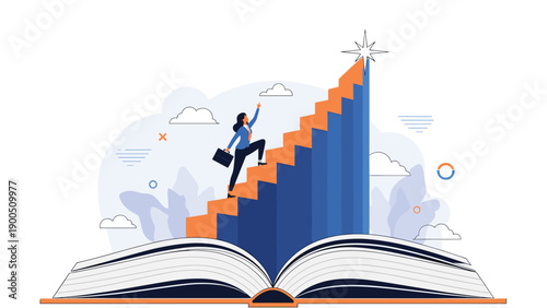 Businesswoman diligently climbing a staircase formed by rising bar graphs originating from an open book, reaching for a shining star, symbolizing learning, career advancement, and achieving goals.