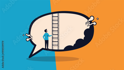 Man climbing a ladder inside a speech bubble, moving from a cloudy, unclear side to a clear one, symbolizing communication clarity, problem-solving, and overcoming misunderstandings.