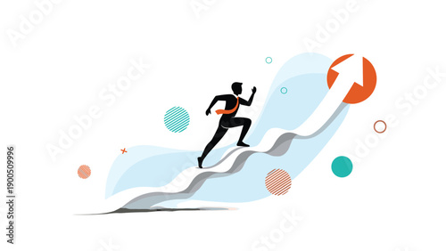 Silhouette of a man vigorously running up a wavy, upward-curving path with an arrow, representing dynamic progress, career growth, and navigating challenges on the way to success.