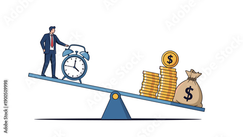 Businessman balancing an alarm clock and a bag of money on a seesaw, symbolizing the critical trade-off between time and financial value in business and life decisions.