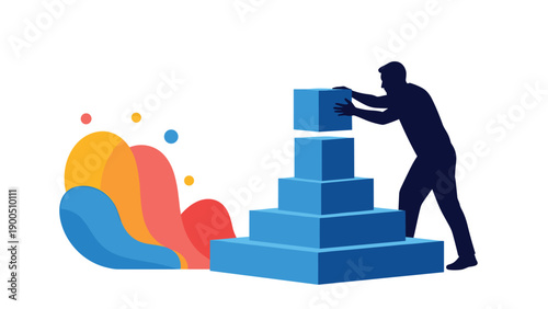 Silhouette of a man meticulously stacking blue cubes into a pyramid, symbolizing systematic construction, foundational building, and structured progress in business or development.