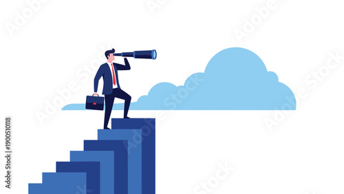 Businessman with a briefcase standing on a series of rising steps, looking through a telescope, symbolizing future vision, strategic planning, and identifying growth opportunities.