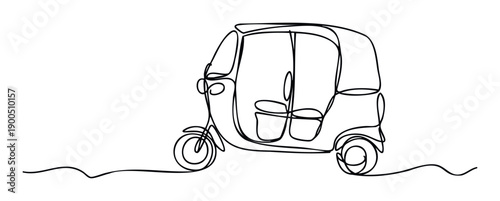 Stylized single line drawing of a traditional three wheeled rickshaw, suitable for various applications related to global travel, urban exploration, and mobility.