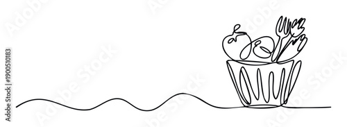 Continuous line drawing of fresh fruit and kitchen utensils in a container with a flowing line, perfect for health and wellness promotions or culinary educational materials