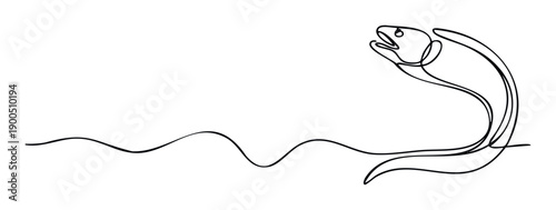 Simple continuous line drawing of a fish swimming with open mouth creating a dynamic and fluid motion, ideal for aquatic themes or minimalist brand identity projects