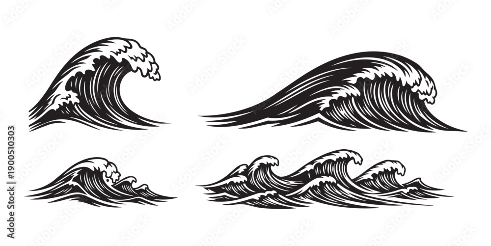 Obraz premium Black and white silhouette ocean wave design, dynamic surf art with motion and marine energy