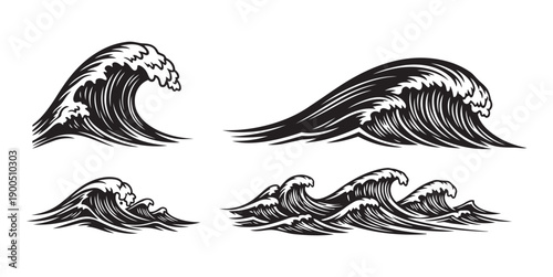 Black and white silhouette ocean wave design, dynamic surf art with motion and marine energy