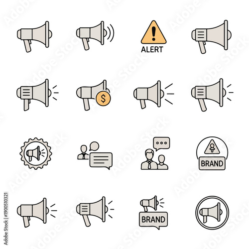 Flat lay of various megaphone icons and advertising symbols on a clean white background with a professional and communicative mood.