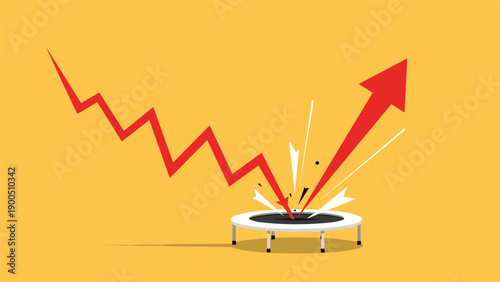 A dynamic red downward-pointing arrow bouncing off a trampoline, dramatically changing direction to upward, symbolizing resilience, market recovery, and turning a decline into growth.