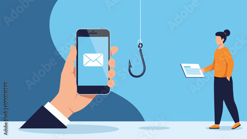 Giant hand holding a smartphone with an email icon, paired with a fishing hook and a woman looking at a document, illustrating phishing attempts and online security threats.