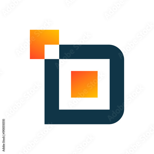 Modern letter D logo with a central core and upward arrow, inspired by a computer brain. Geometric design representing data flow, intelligence, growth, processing, and innovation.