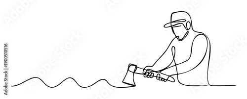 A continuous single line drawing depicting a worker wearing a cap and holding an axe, ideal for conveying concepts of manual labor, craftsmanship, or outdoor work in various media