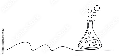 A continuous line drawing depicting a conical flask with bubbling liquid, symbolizing ongoing scientific research and chemical experiments for educational and laboratory themed content