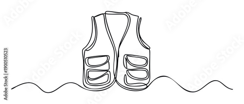 Continuous line drawing of a fishing vest with multiple utility pockets for outdoor recreation and adventure activities suitable for apparel, sports, or hobby related publications.
