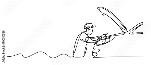Continuous line drawing depicting a skilled mechanic inspecting a car engine with the hood open, suitable for automotive repair services, vehicle maintenance advertising, and garage