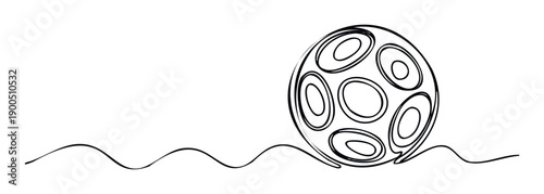 Dynamic continuous line drawing of a stylized soccer ball on a wavy ground, ideal for sports event promotions, game graphics, athletic branding, and engaging digital media applications.