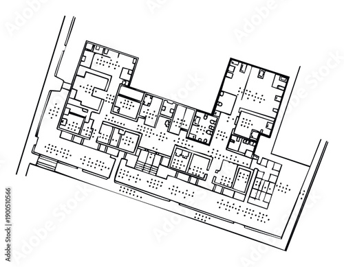 Detailed black and white architectural floor plan depicting a complex building layout with multiple rooms and corridors, suitable for construction planning and real estate development