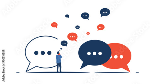 Man standing thoughtfully amidst multiple speech bubbles of varying sizes and colors, symbolizing diverse conversations, information overload, and complex communication environments.